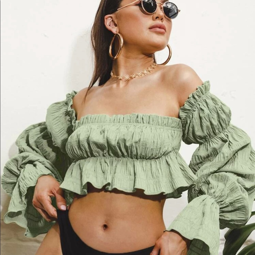 Sage Green Puff Sleeve Crop Top